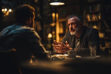 Men engage in a heartfelt discussion late at night in a cozy, softly lit cafe setting