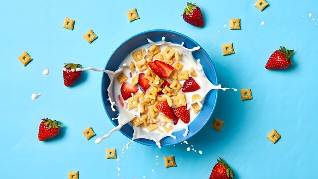 Delicious breakfast cereal with strawberries and milk bowl on blue background studio shot - Powered by Adobe