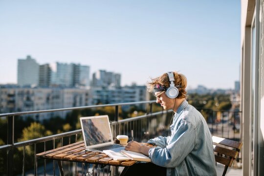 Creative male graphic designer focuses on work at a charming rooftop balcony cafe