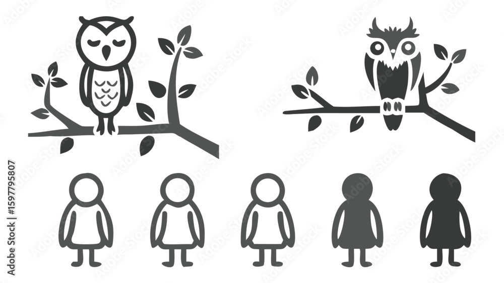 Aufkleber stylized vector graphics featuring owls on branches and abstract human-like figures depicted with mi