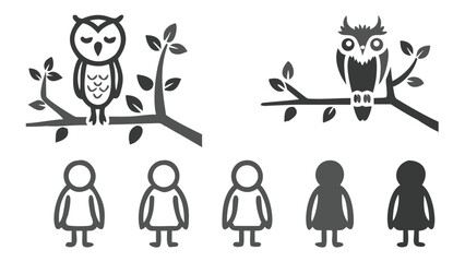 Naklejka premium Stylized Vector Graphics Featuring Owls on Branches and Abstract Human-like Figures Depicted with Minimalist Outlines and Flat Shapes