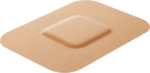 Close up of a beige adhesive bandage with textured surface and raised center pad transparent background