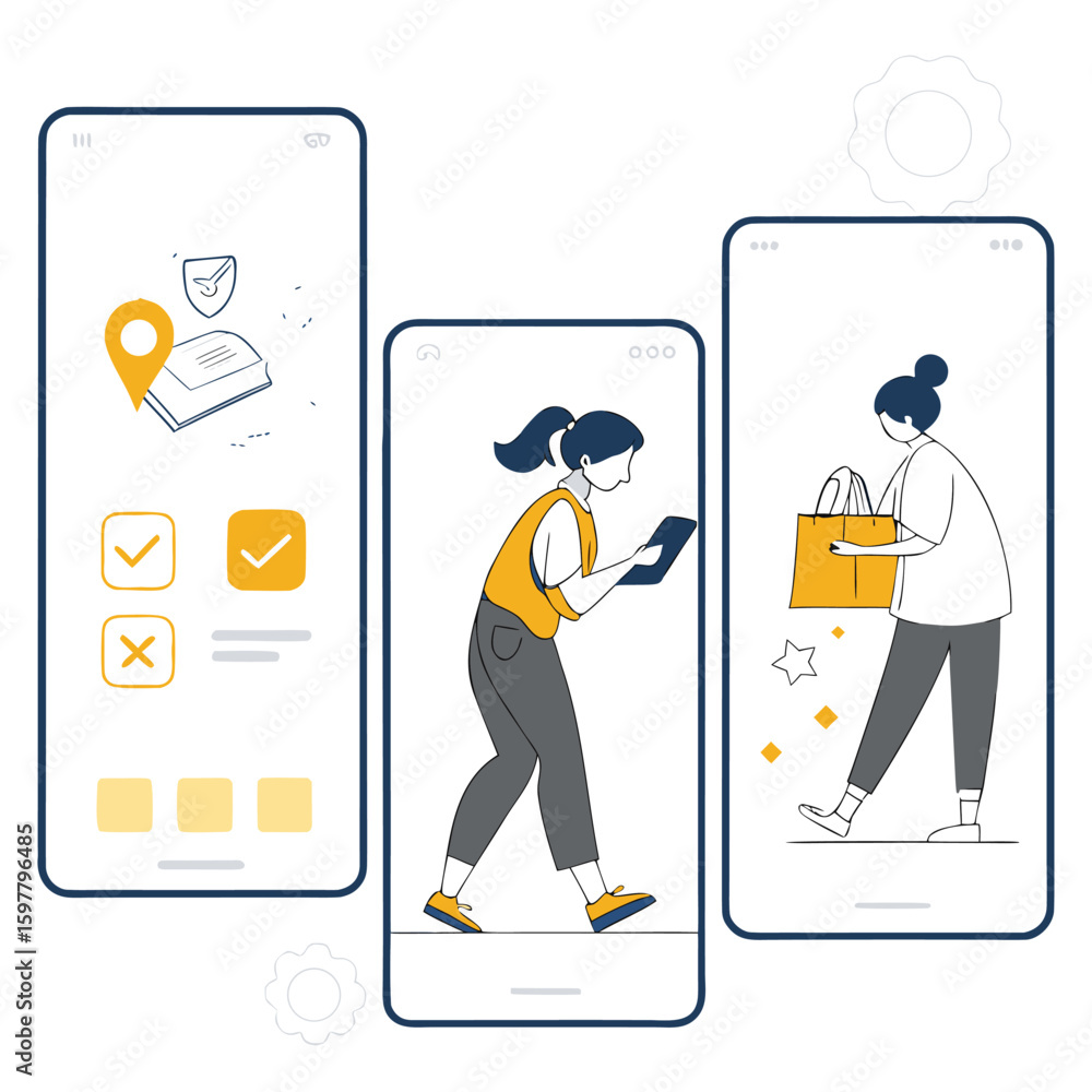 Poster modern flat illustration of three smartphones displaying various app interfaces and user interaction