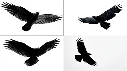 Four images of soaring raven silhouettes against bright white backgrounds