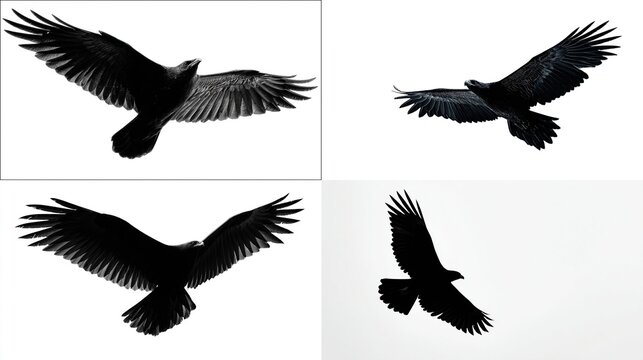 Four images of soaring raven silhouettes against bright white backgrounds