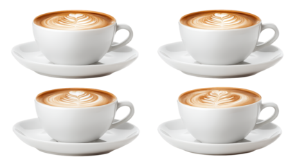 Aromatic coffee cups, four warm beverages adorned with heartshaped designs four