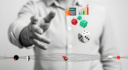 Strategic Investment Analysis: Hand Controlling Dice, Graphs, and Financial Data