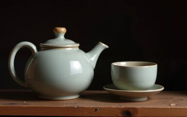 Craft handmade ceramic teapot and cup for tea ceremony standing on old wooden shelf in dark room. High quality