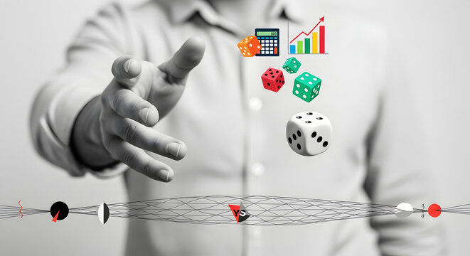 Strategic Investment Analysis: Hand Controlling Dice, Graphs, and Financial Data - Powered by Adobe
