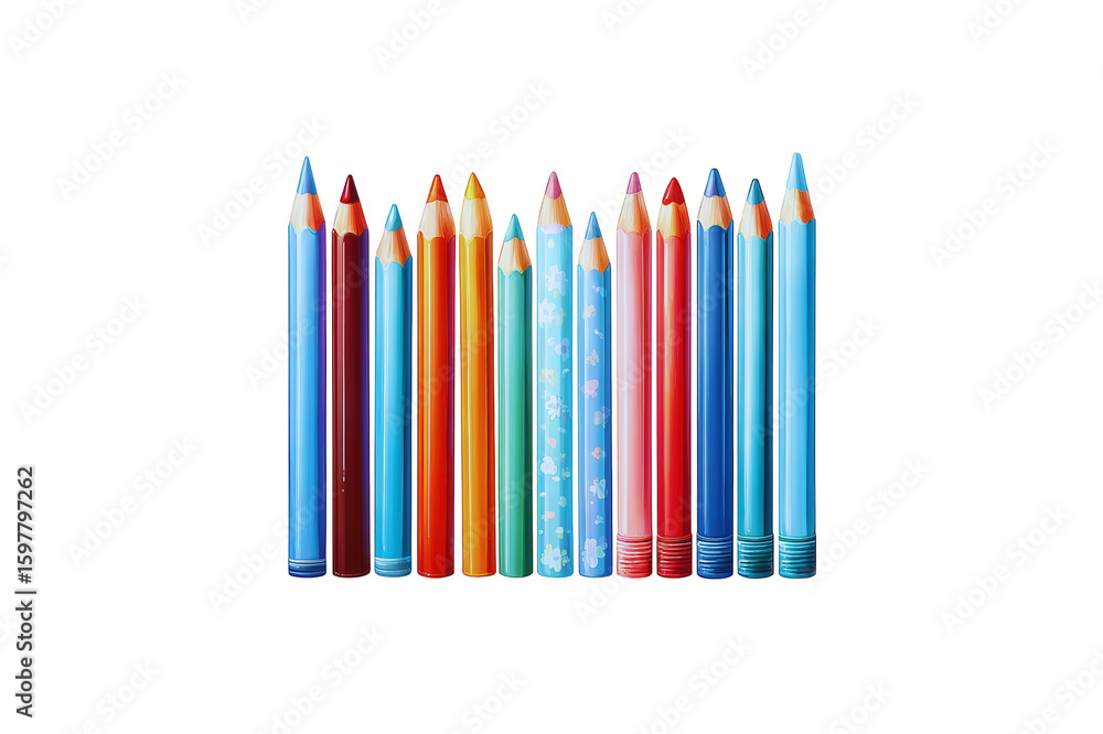 Poster set of colored pencils arranged vertically on a transparent background showcasing a variety of vibra
