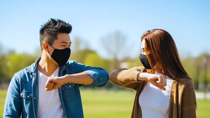 Couple avoiding touch in park wearing face masks