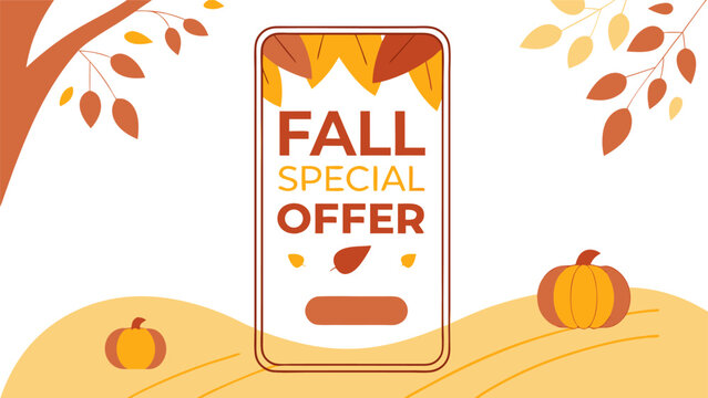 Autumnal fall special offer announcement with pumpkins and falling leaves illustration