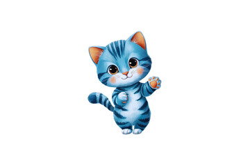 Cartoon Kitten Illustration With Blue Stripes And Big Eyes Waving With Its Paw On A Transparent Background