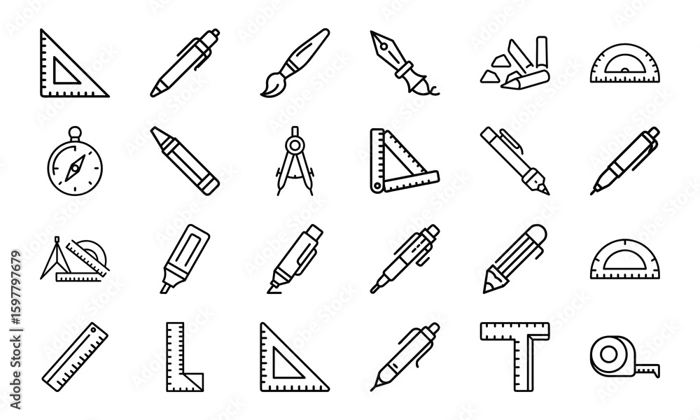 Poster minimalist collection of linear drafting and drawing tools icon set isolated on white