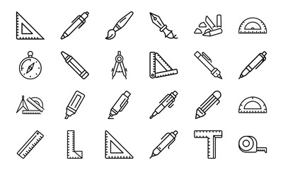 Minimalist collection of linear drafting and drawing tools icon set isolated on white