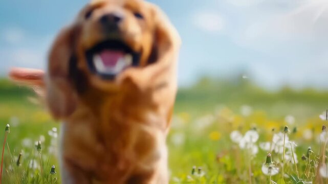 Cocker spaniel bounding through blooming field with scattered dandelions, capturing pure excitement with flying ears and extended tongue during bright daylight