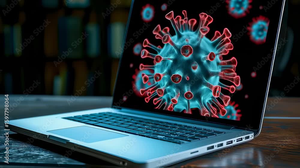 Poster microscopic virus model displayed on laptop screen with blue and red color scheme. scientific visual