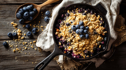 Cast-iron pan with blueberry and maple crumble, on top of a white linen napkin, wooden table with scattered ingredients for the cropped shoulder shot,