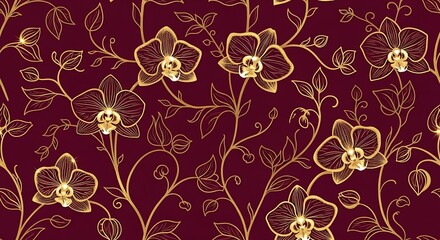 Elegant golden orchid floral pattern on burgundy background, seamless vector design creates