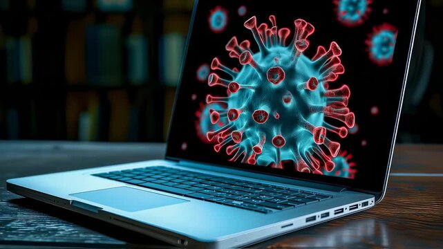 Microscopic virus model displayed on laptop screen with blue and red color scheme. Scientific visualization of viral structure against dark blurred background.