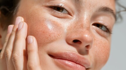 A woman with a red nose and freckles is smiling. She is holding her hand to her face