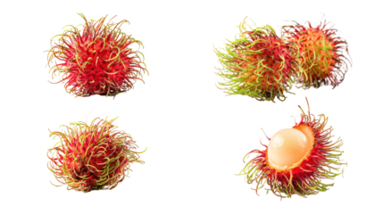 Closeup of fresh rambutan fruit, vibrant red and green hues, hairy texture, exotic tropical appeal