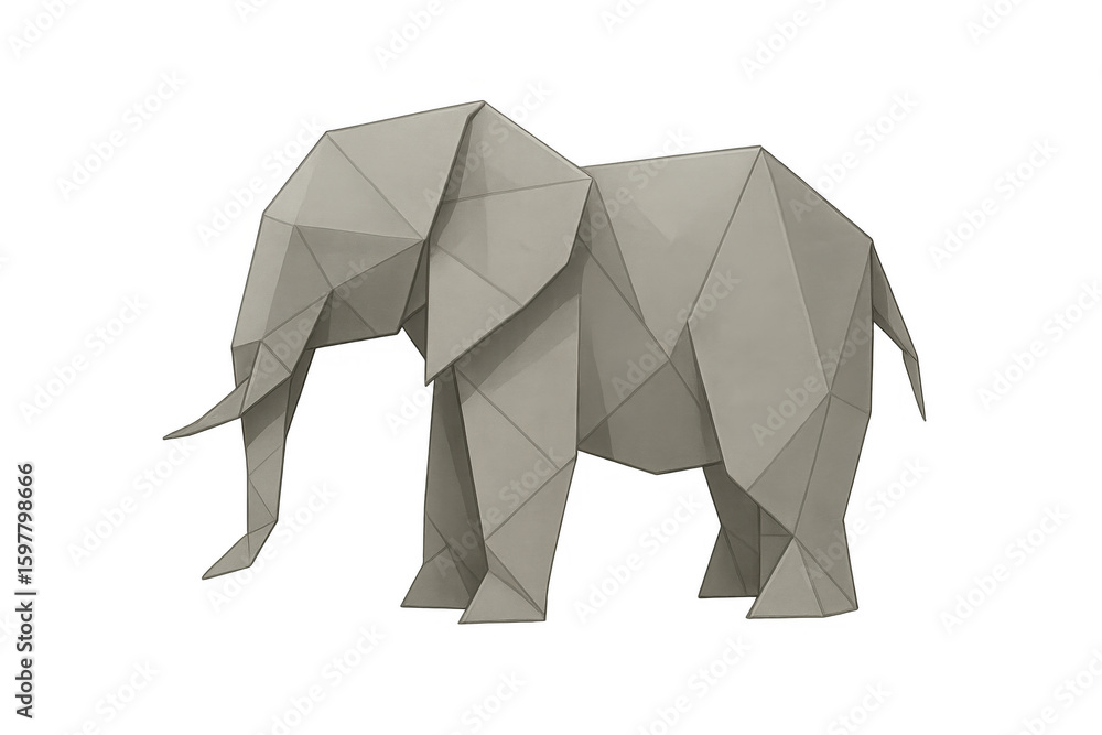 Poster origami elephant featuring sharp geometric folds, angular paper design with precise angular lines an