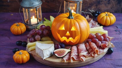 Still life with pumpkin, grapes and cheese