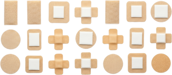 Assortment of adhesive bandages in various shapes including rectangles circles and crosses all with white gauze pads transparent background