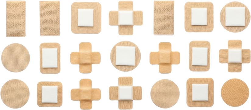 Assortment of adhesive bandages in various shapes including rectangles circles and crosses all with white gauze pads transparent background