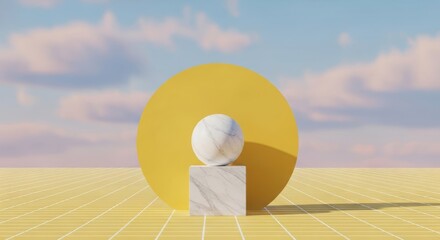 Abstract composition with yellow circle and marble sphere