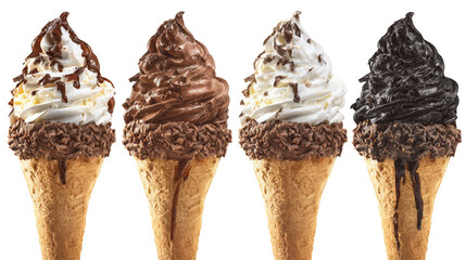 Three decadent chocolate ice cream desserts topped with rich syrup and creamy vanilla ice cream.