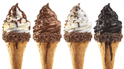 Three decadent chocolate ice cream desserts topped with rich syrup and creamy vanilla ice cream.