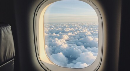 Airplane window view of fluffy clouds