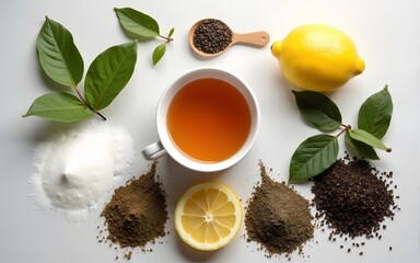 Creative composition witn variety of tea, sugar, lemon and other accessories for making tea. High quality