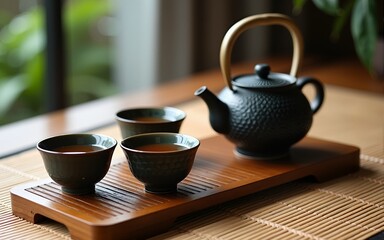 Asian tea set. Japanese teapot and cups on bamboo mat. generative ai. Hot tea in pot and teacups. High quality