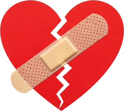 Red broken heart with medical bandage strip symbol of healing after emotional pain transparent background