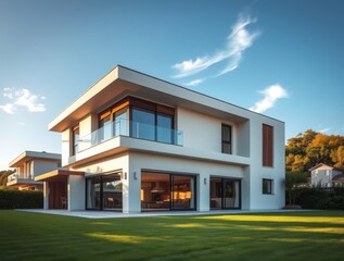 Modern luxury two story house with large windows and green lawn