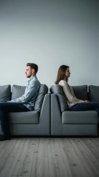 A couple sits back-to-back on a sofa after a conflict, ignoring each other, a powerful visual concept for relationship problems, divorce, miscommunication and marriage therapy