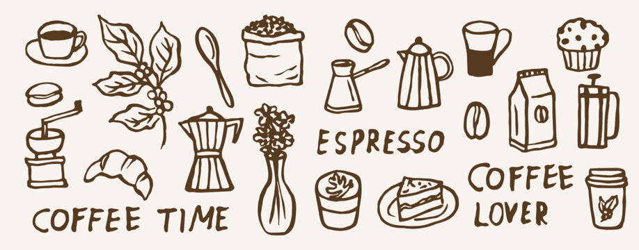Hand drawn doodle coffee elements