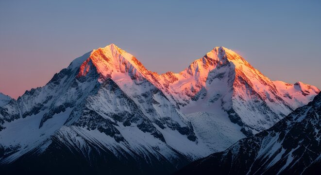 Majestic mountain peaks aglow with vibrant alpenglow hues at golden hour alpine scenery