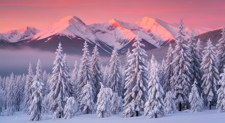 Winter wonderland alpenglow displaying snow covered trees and majestic mountains at dawn