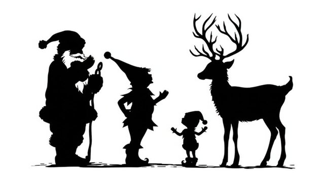 Christmas Silhouette of Santa Claus, Elves, and Reindeer on White Background &ndash; Festive Vector Illustration