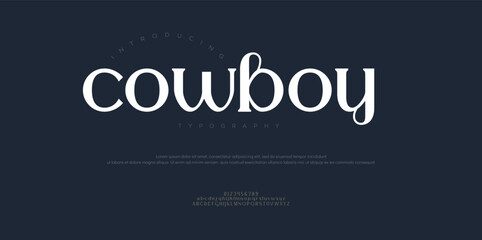 Cowboy Modern elegant serif font alphabet. Beauty fashion typography with minimalist vintage decoration for logo design, wedding invitations, and luxury branding. Vector illustration.

