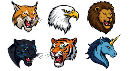 Obraz premium Majestic Animal Heads Featuring Fierce Predators and a Mythical Creature in a Stylized Illustration