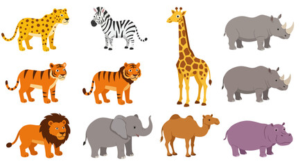 Obraz premium Collection of African Savannah Wildlife Featuring Majestic Lions Graceful Giraffes Powerful Rhinos and Playful Hippos