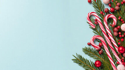 Christmas background with candy canes, pine branches, and red ornaments on the left side of a flat color backdrop.
