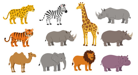Fototapeta premium Collection of Diverse African Wildlife Animals Including Majestic Lions and Powerful Rhinos With Zebras Elephants Giraffes Hippos and More