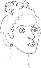 A detailed vector illustration and artistic sketch of a woman's face, featuring her hair, eyes, and lips, rendered in a striking black outline design