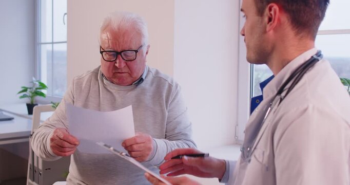 Stressed senior man, patient worrying about health problems, high cost, afraid of difficulties, angry nervous frustrated old person, clinic customer complains on doctor, express dissatisfaction